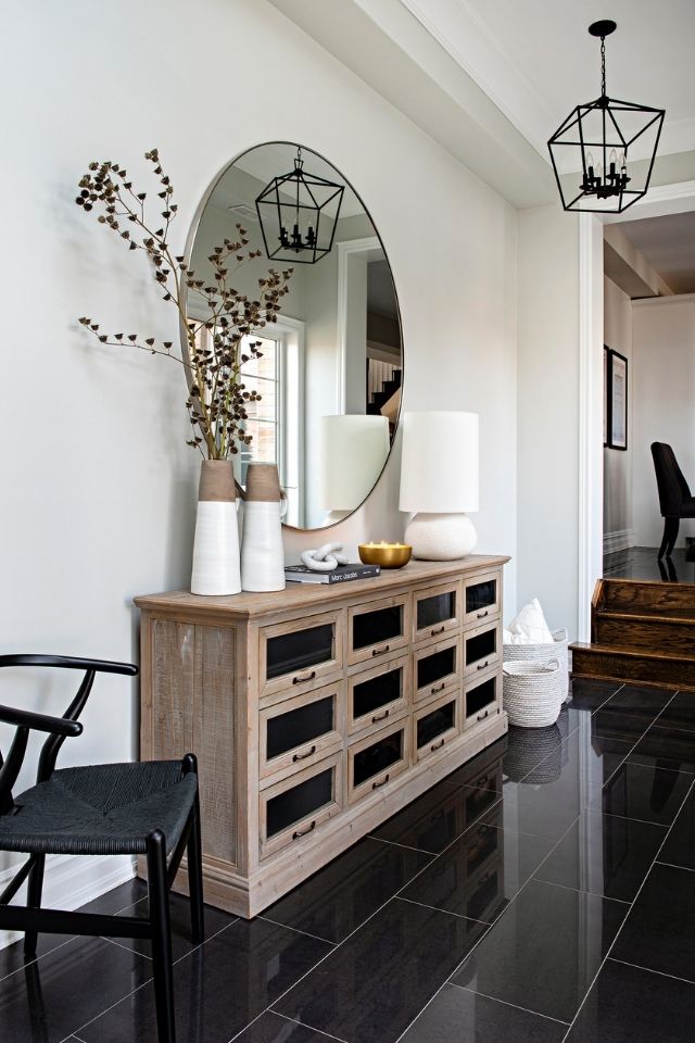 farmhouse hall table, black tile Design by HIBOU DESIGN + CO  Photography by MIKE CHAJECKI