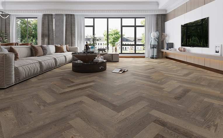 herringbone flooring in living area